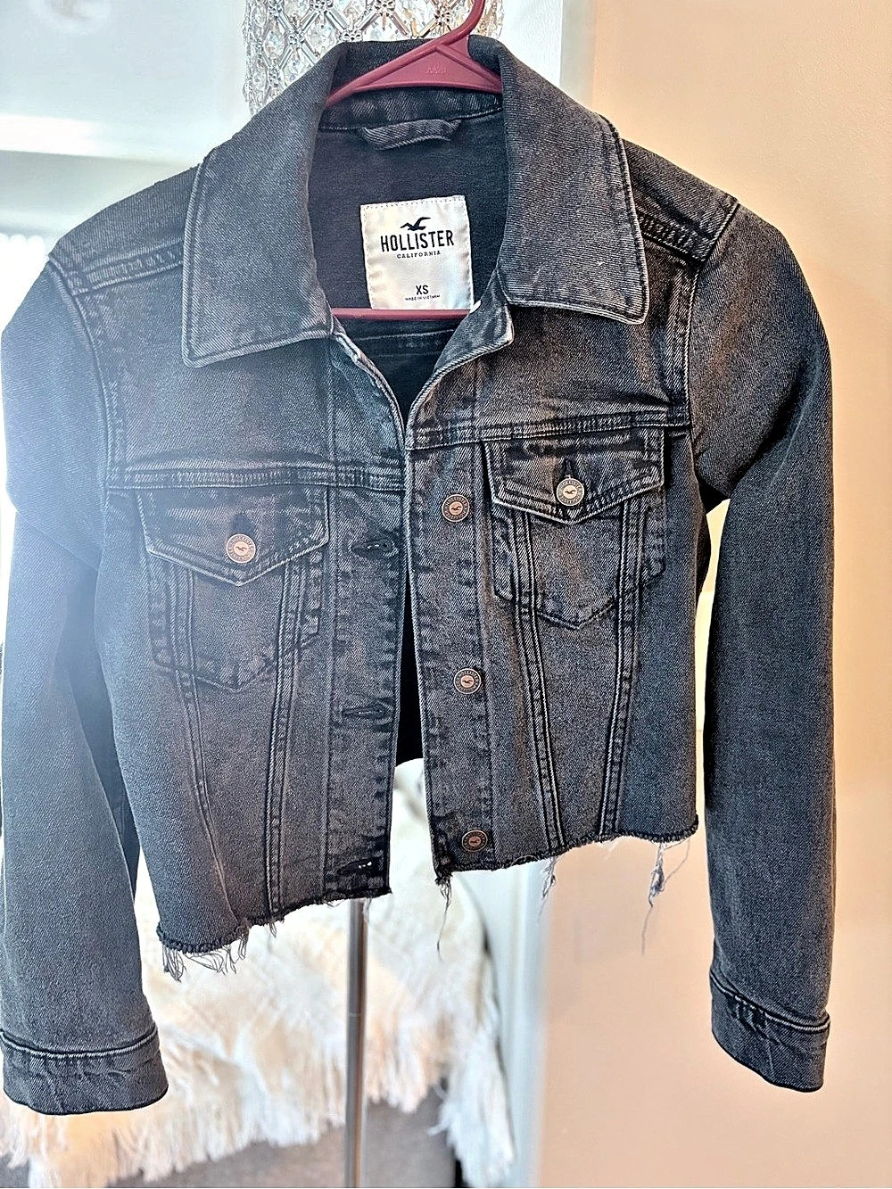 Hollister Black Wash Cropped Denim Jacket XS